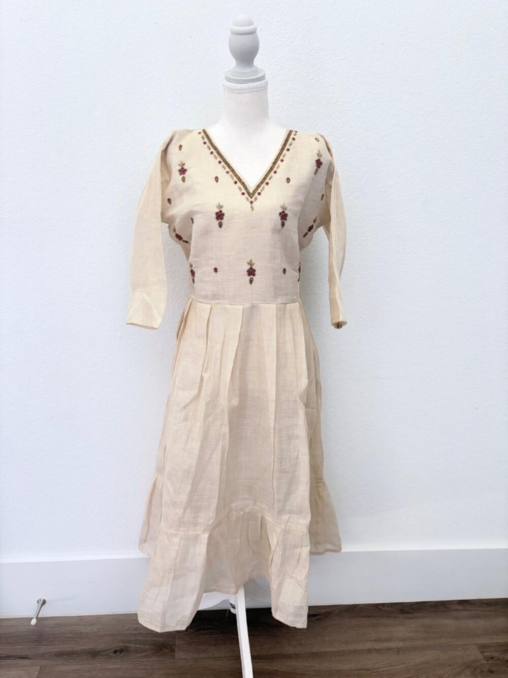 Cream Beaded Embroidered Linen Midi Dress - Picture 6 of 6